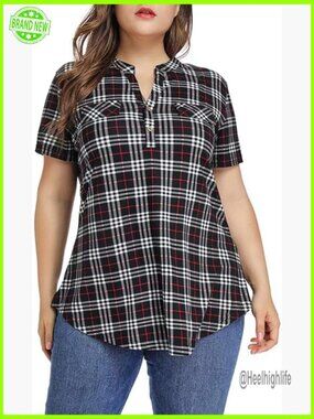 Plus Size V-Neck Plaid Tunic Top Short Sleeve Loose Fit Blouse